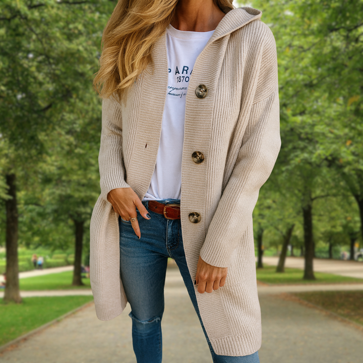 Élodie | Gilet lungo con cappuccio e bottoni grandi