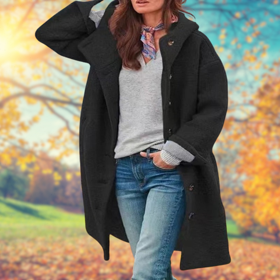 Françoise | Cappotto lungo con cappuccio da donna e chiusura frontale a bottoni