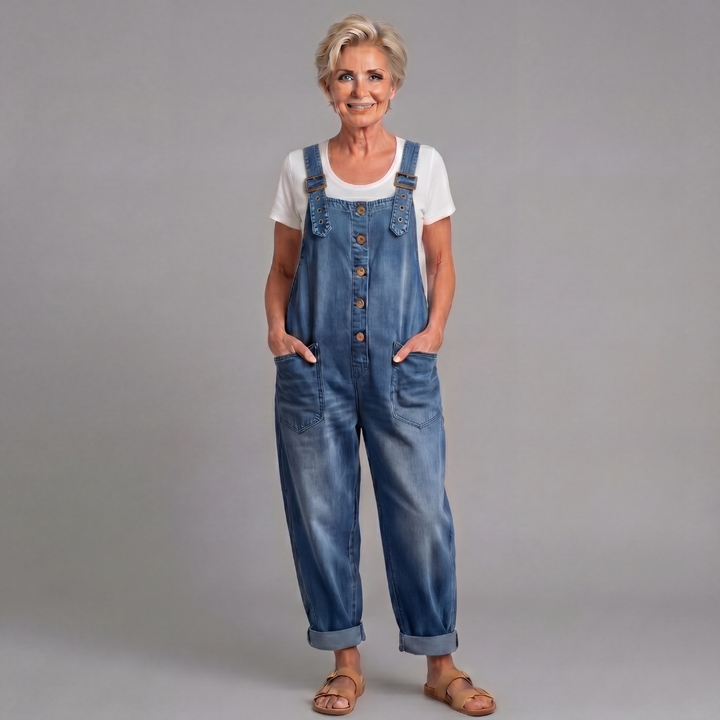 Stefania | Salopette in denim di cotone con lavaggio vintage