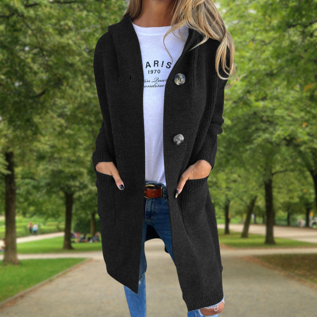 Élodie | Gilet lungo con cappuccio e bottoni grandi
