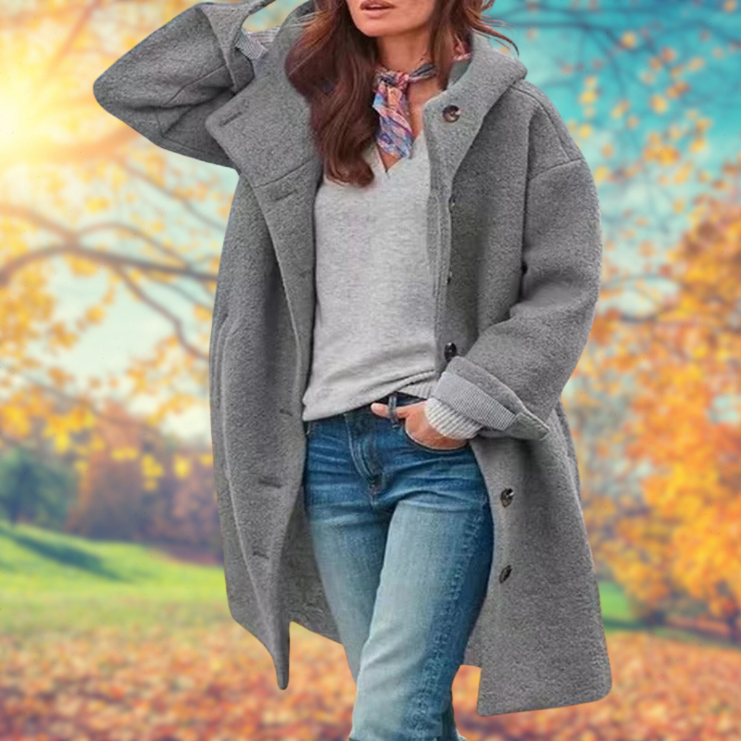 Françoise | Cappotto lungo con cappuccio da donna e chiusura frontale a bottoni
