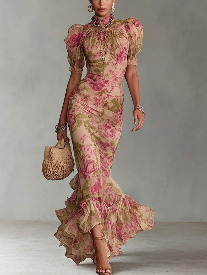 Fiora | Abito lungo con stampa vintage a rose e maniche a sbuffo
