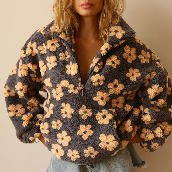 Élodie | Felpa in pile floreale con collo a zip