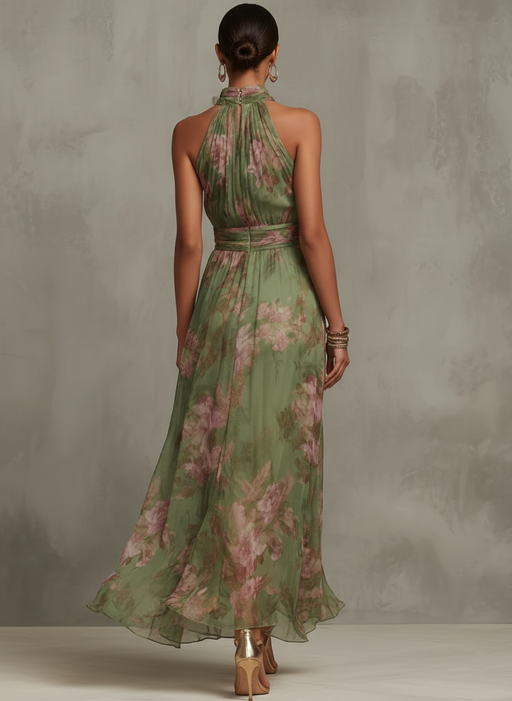Serena | Abito lungo verde con stampa floreale e scollo all'americana