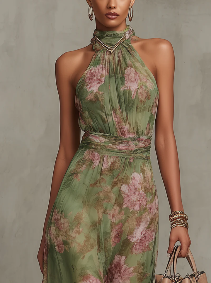 Serena | Abito lungo verde con stampa floreale e scollo all'americana