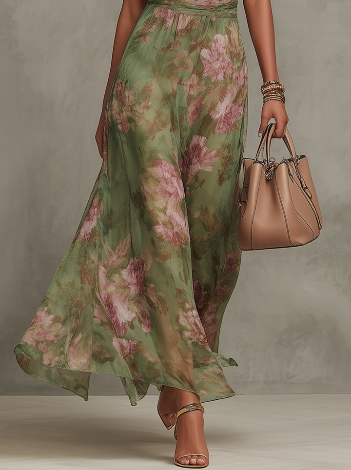 Serena | Abito lungo verde con stampa floreale e scollo all'americana