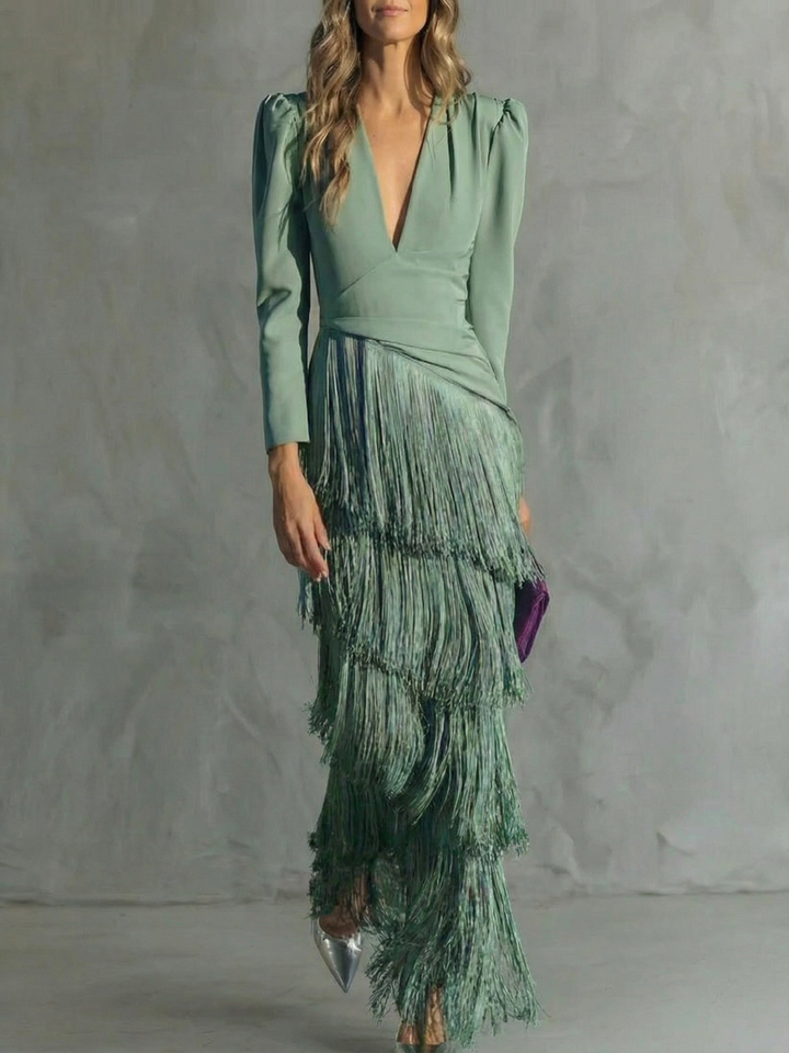 Alessia | Elegante abito midi con maniche a frange
