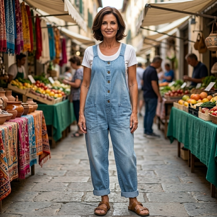 Stefania | Salopette in denim di cotone con lavaggio vintage