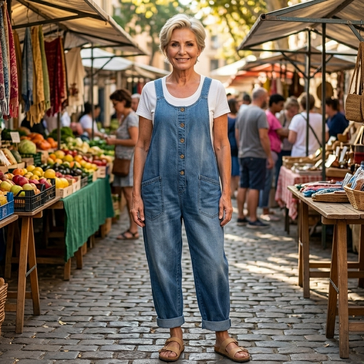 Stefania | Salopette in denim di cotone con lavaggio vintage